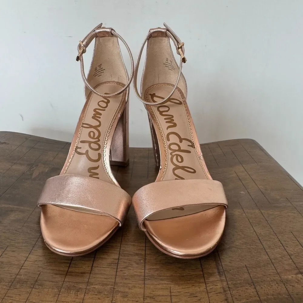 Sam Edelman Yaro Ankle Strap Heels Rose Gold Block Heel Sandals Size 9 EU 39 Met